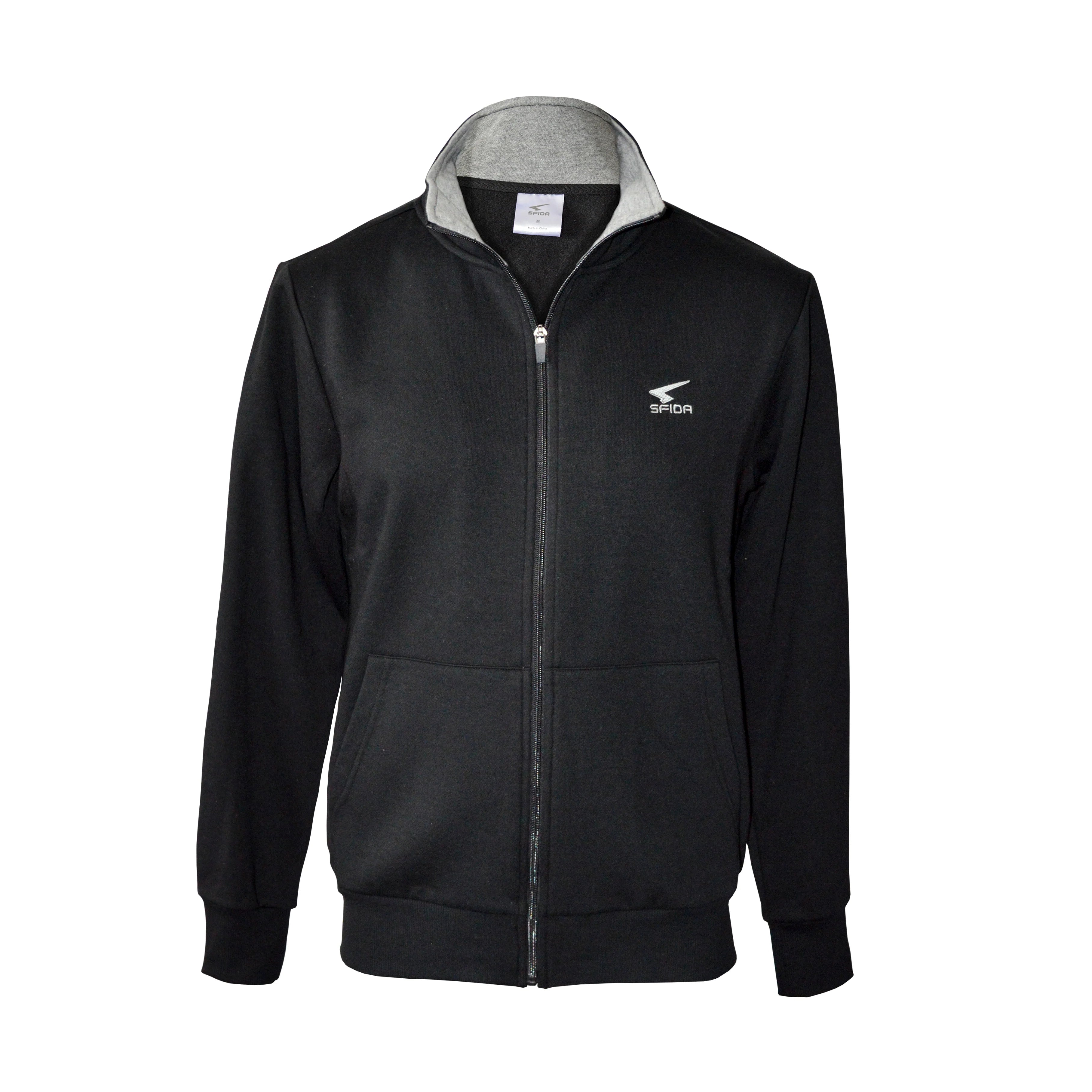 Zander Mens Fleece Jacket - Black zip-up hoodie with gray hood white sfida logo