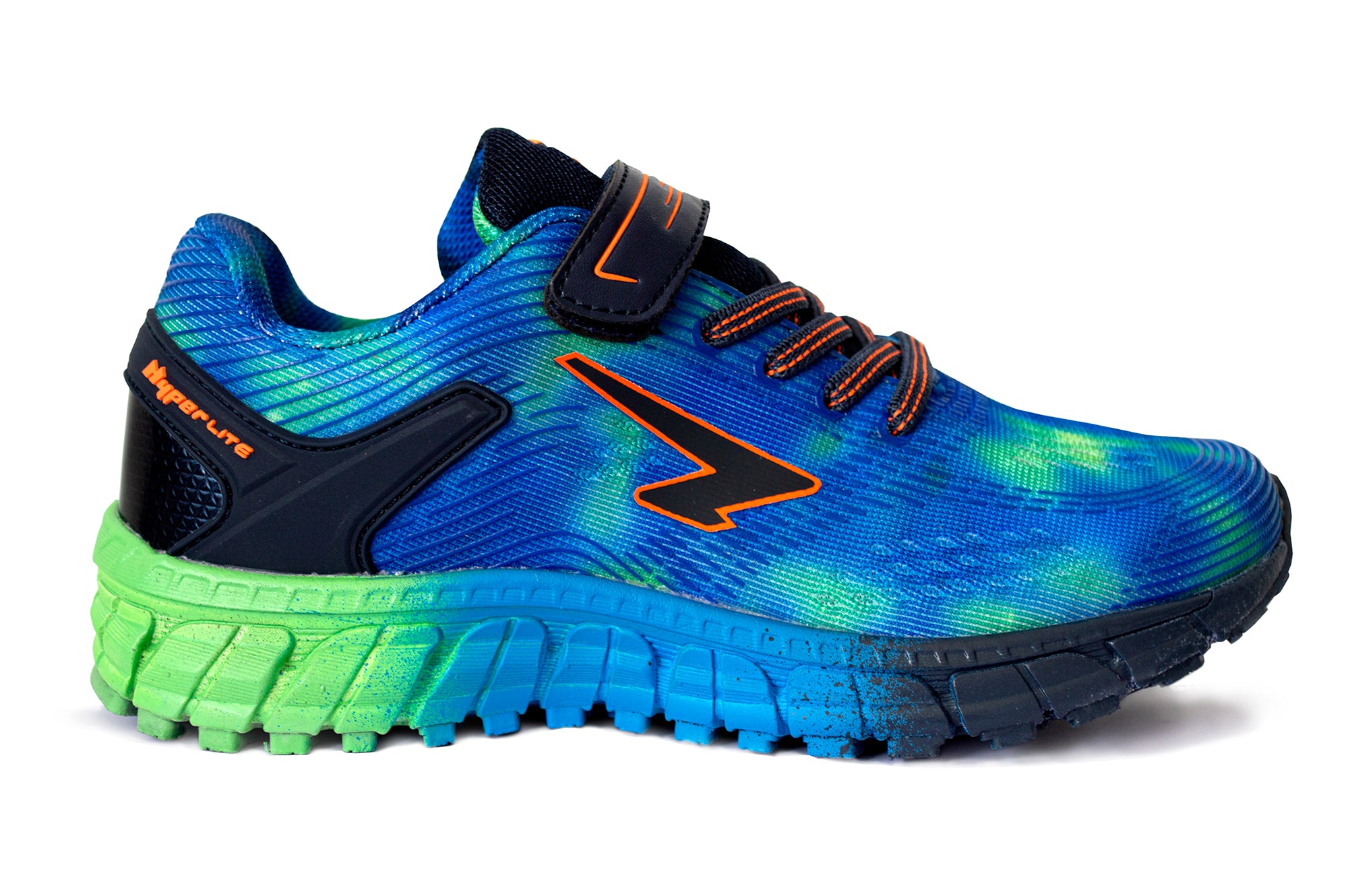 Vivid Multi Boys V Strap Runner - Multi Blue and green running shoe with orange sfida logo