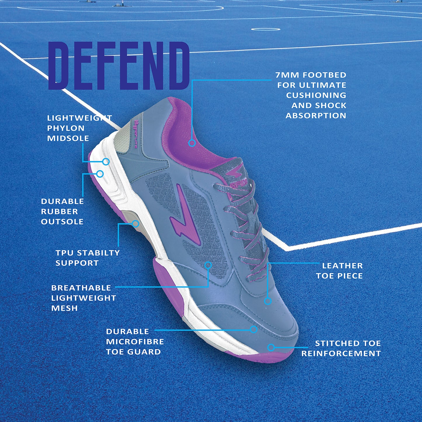 Defend Junior Netball Shoes - Steel/Purple