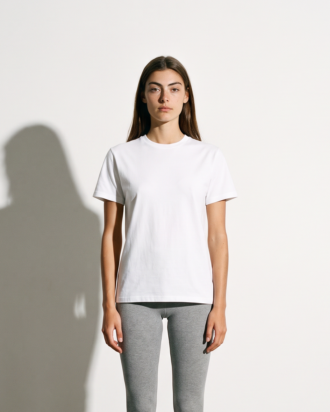 A woman stands facing forward in a minimalist studio setting, wearing a plain white short-sleeve crewneck t-shirt, light gray leggings, and white sneakers. She is positioned against a clean white wall, casting a prominent shadow to her left.
